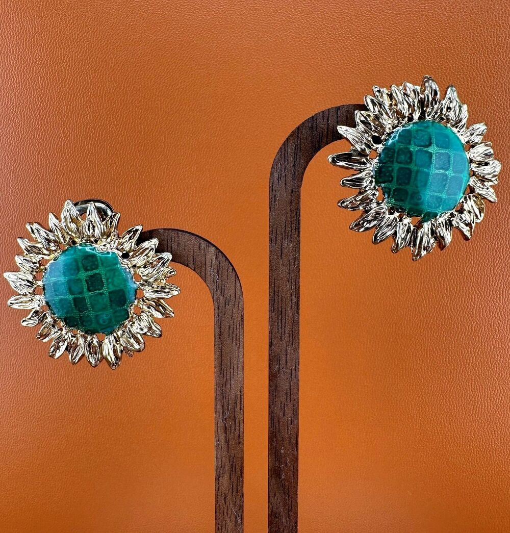 Vintage Flower Earrings Clip On Gold Tone Green Enamel Checkerboard Brutalist